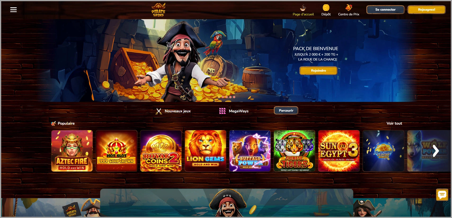 Aperçu compact des sections principales de Pirate Spins casino