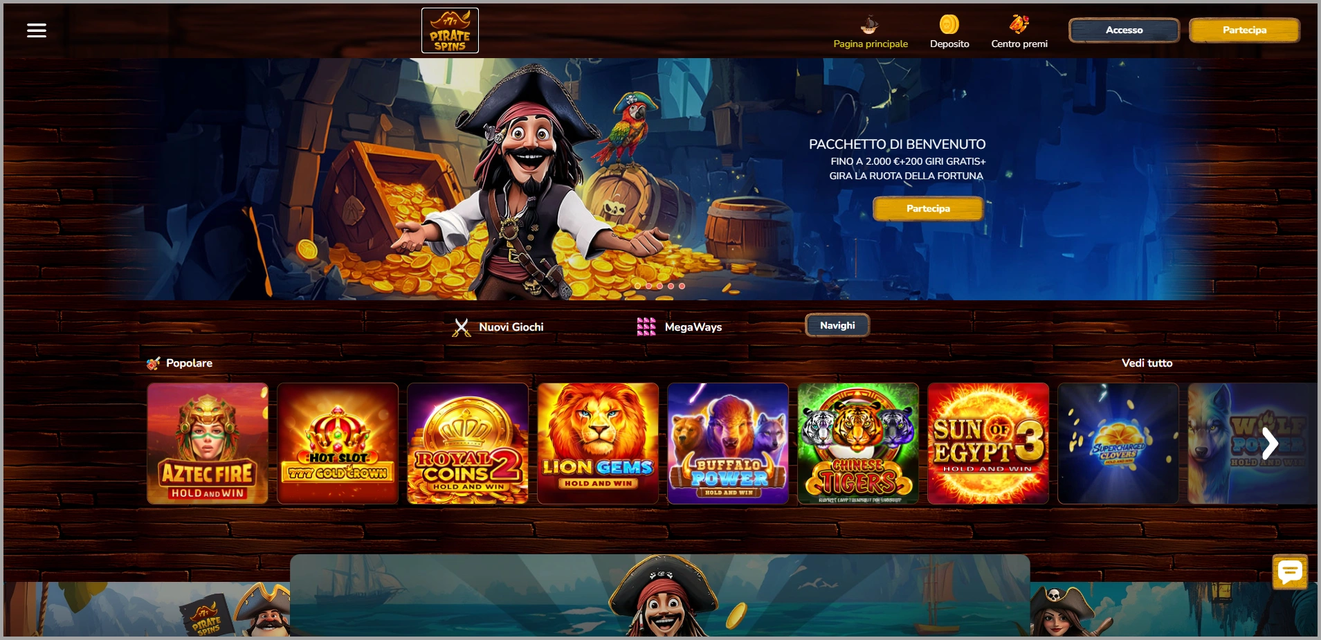 Panoramica compatta delle sezioni principali del casinò Pirate Spins