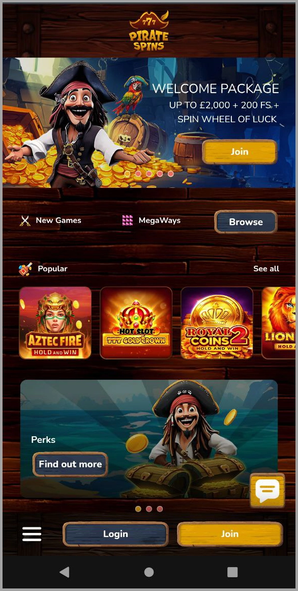 Optimised mobile version of the Pirate Spins casino website