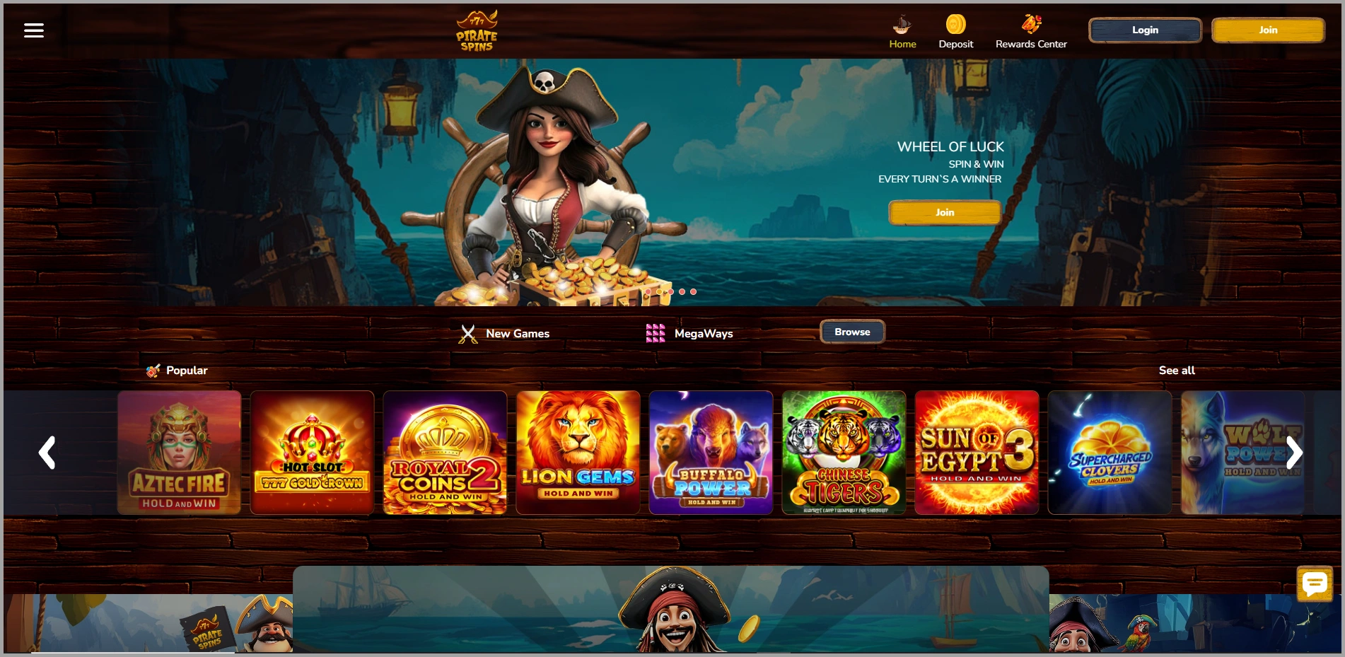 Compact overview of the main sections of Pirate Spins casino