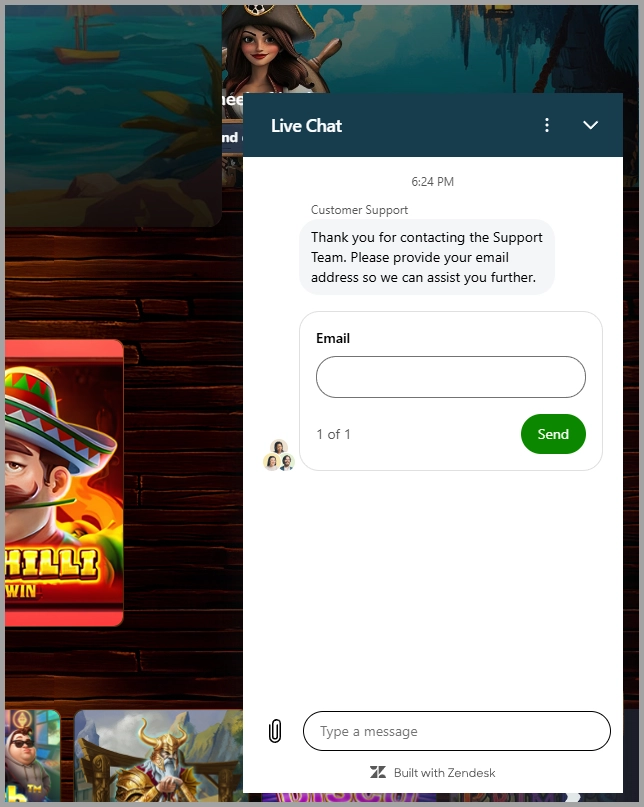 24/7 support via live chat at Pirate Spins casino