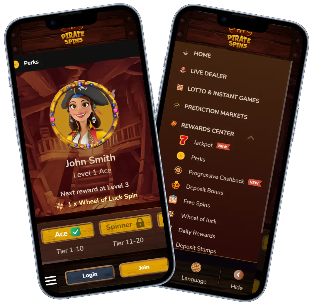 Pirate Spins Casino mobile Rewards Center and loyalty levels