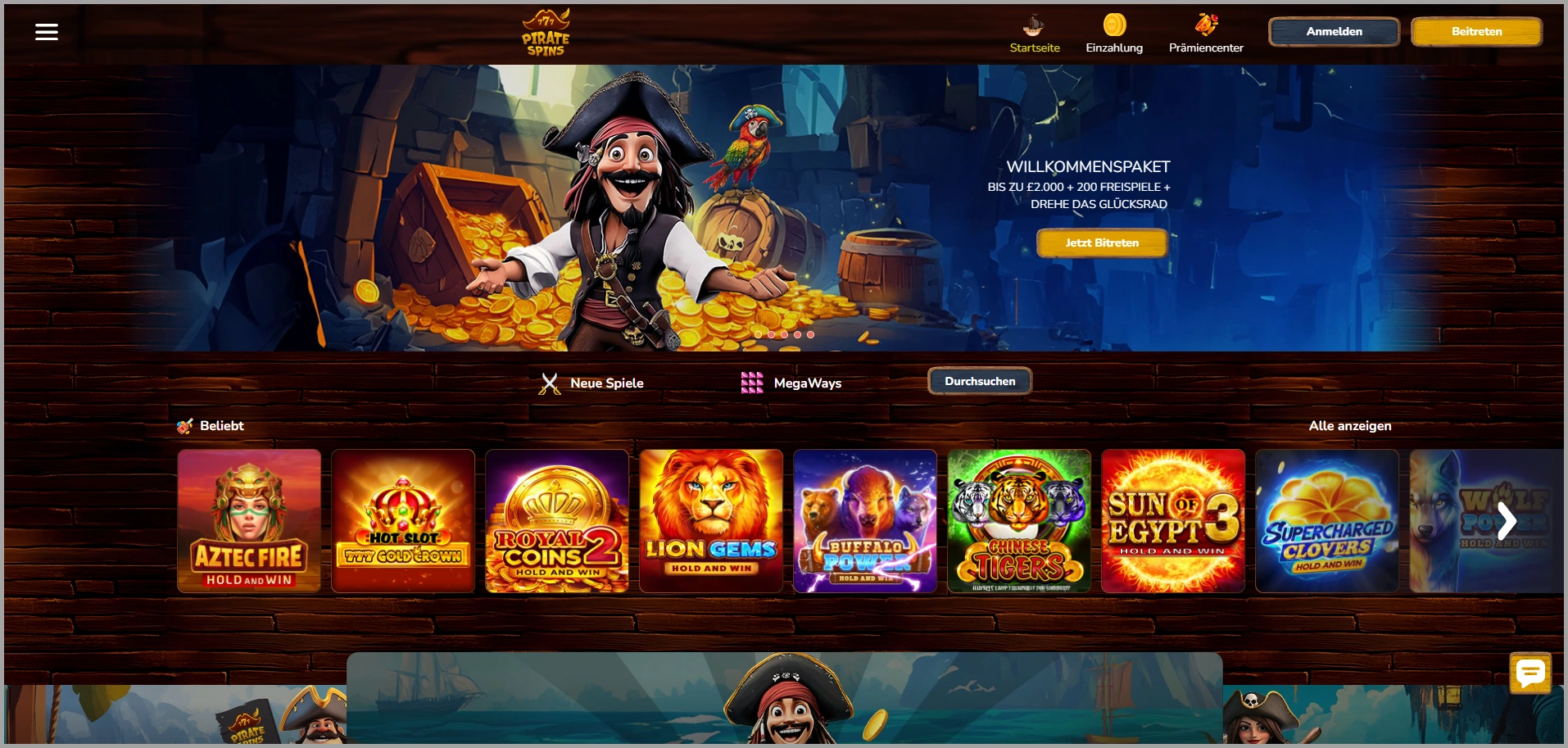 Übersicht der Pirate Spins casino - Hauptseite