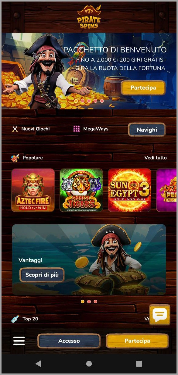 Versione mobile ottimizzata del sito del casinò Pirate Spins