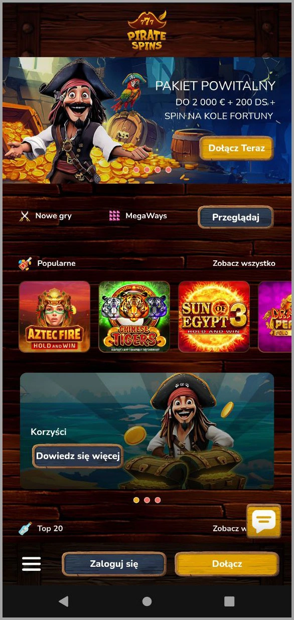 Optymalna wersja mobilna strony Pirate Spins Casino